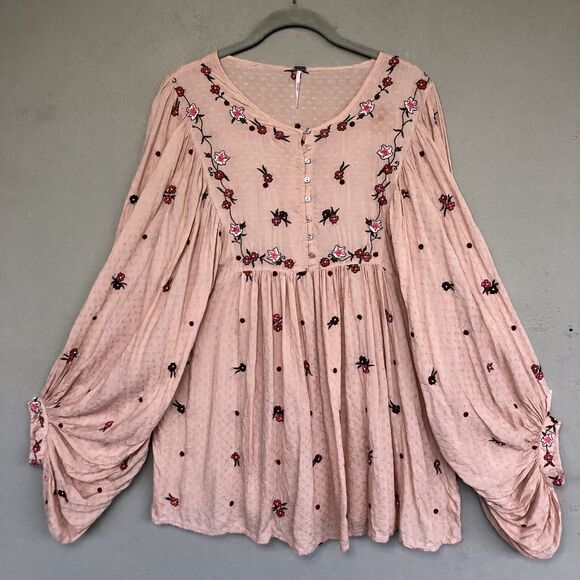 Free People Kiss From A Rose Tunic Top M Coral Embroidered Balloon Sleeve Boho - Picture 2 of 15